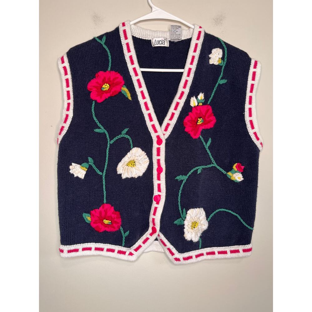 1980s Lucia Navy Pink White Floral Embroidered Coquette Cottage Sweater Vest L